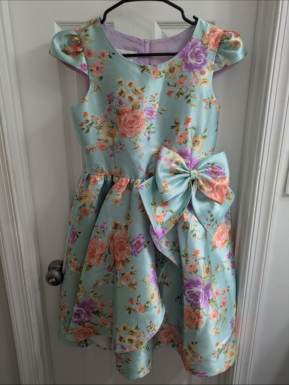 NWT Bonnie Jean Floral Bow-Accent Mint Girls' Dress Size 16 Cap Puff Sleeves